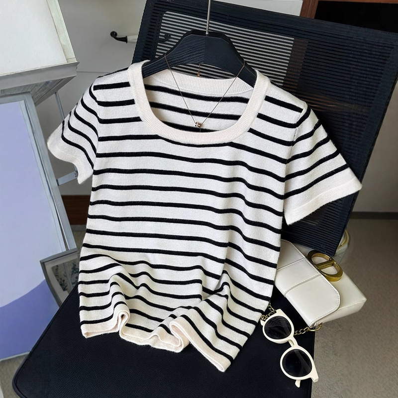 Cross-Border Andy Velvet Stripesd Design Short-Sleeved Large Size T-Shirt Women's Square Neck Knitted Bottoming Shirt Summer Short Slim Fit