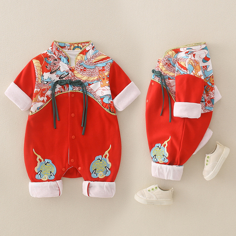 满月百天周岁宝宝礼服中国风唐装汉服连体衣婴儿古装哈衣拍照服