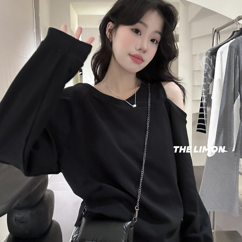 thelimon2025秋季新款美式设计感斜肩露肩长袖卫衣女宽松显瘦上衣|undefined
