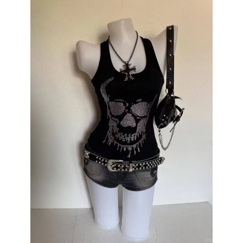 [210g 40-Count Fine Cotton 1*1] Black Skull Print Camisole Women's American Retro Sleeveless Top