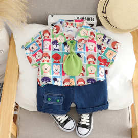 宝宝卡通夏季套装休闲儿童格子衬衫短袖韩版帅气男童休闲两件套潮