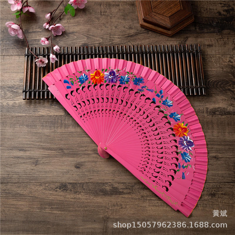 9寸外贸易开合镂空印花西班牙木头舞蹈扇子走秀跳舞女扇木质折扇