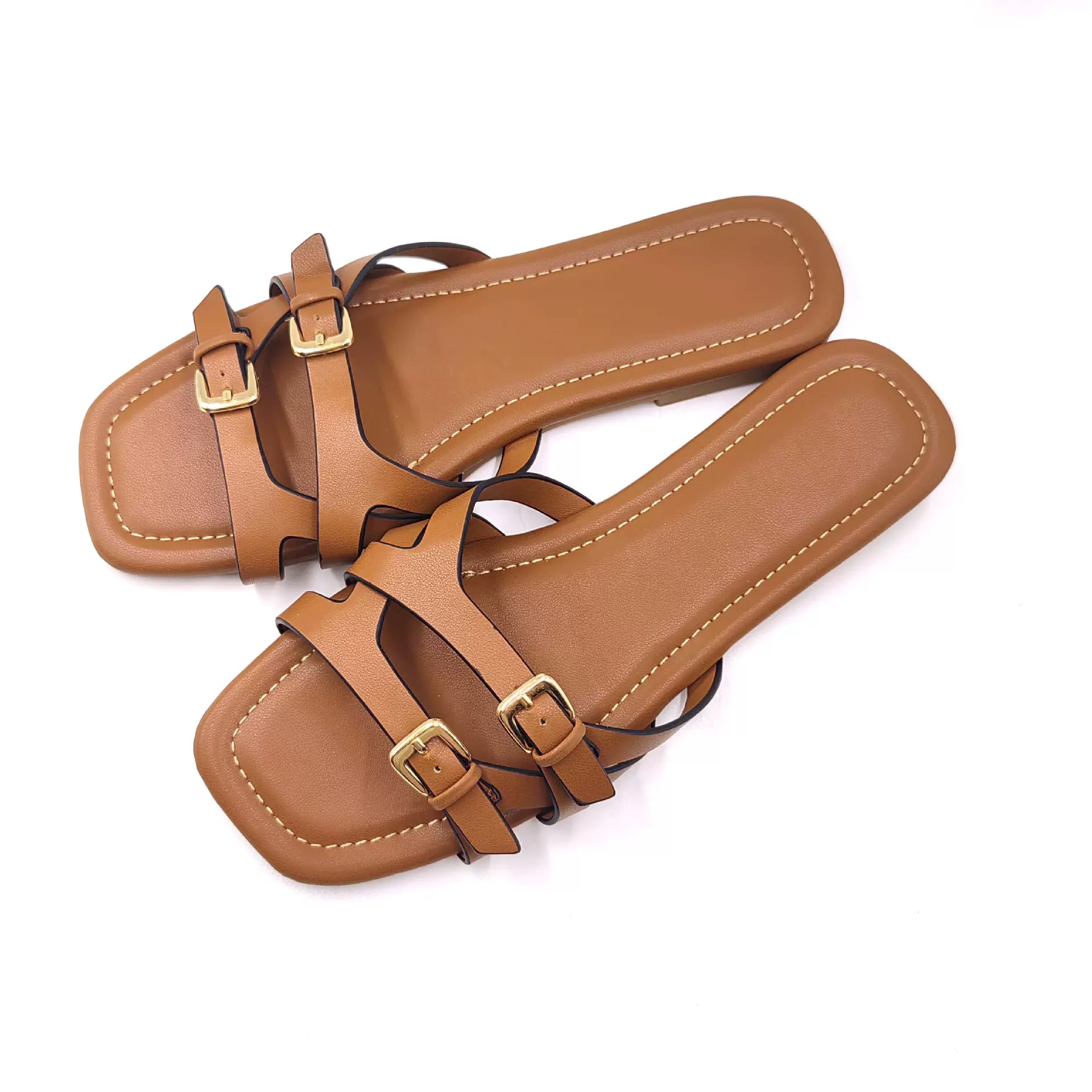 跨境新款时尚简约百搭罗马鞋双排扣夏季女一字带平底外穿沙滩拖鞋