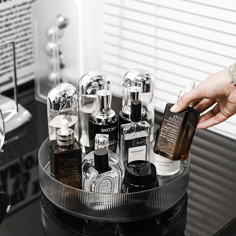 Rotating luxury cosmetic storage box, desktop transparent box, vanity table skincare products round bathroom sink organizer shelf