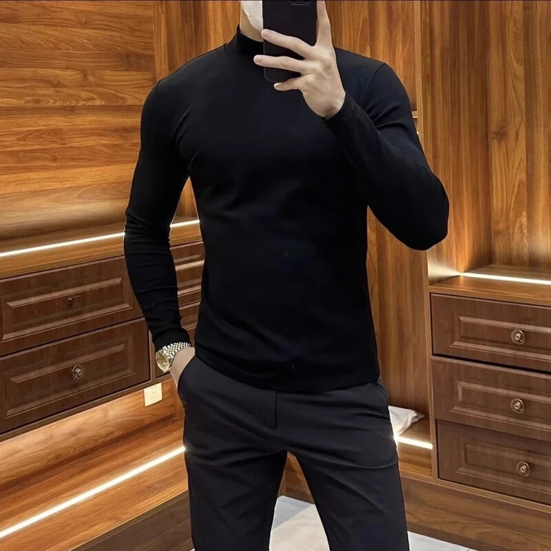 De Rong Men's Autumn and Winter Net Edition High-end Semi-high Collar Solid Color Slim-fit Long Sleeve High Elastic Base Shirt Warm T-shirt De Rong Men's Autumn and Winter Net Edition High-end Semi-high Collar Solid Color Slim-fit Long Sleeve High Elastic Base Shirt Warm T-shirt