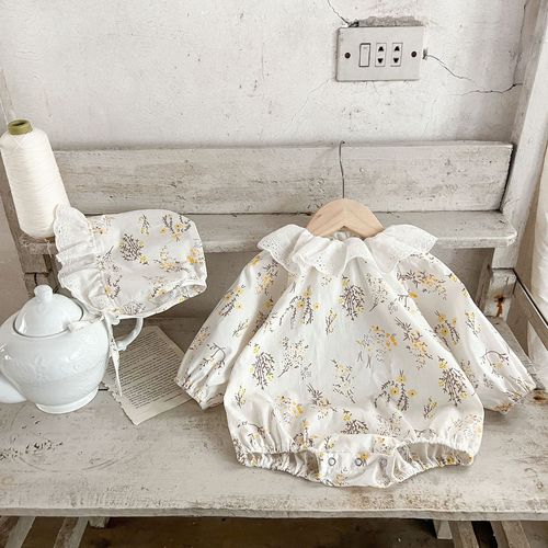 Korean style baby girl floral hooded jumpsuit ins newborn lace loose harem trendy