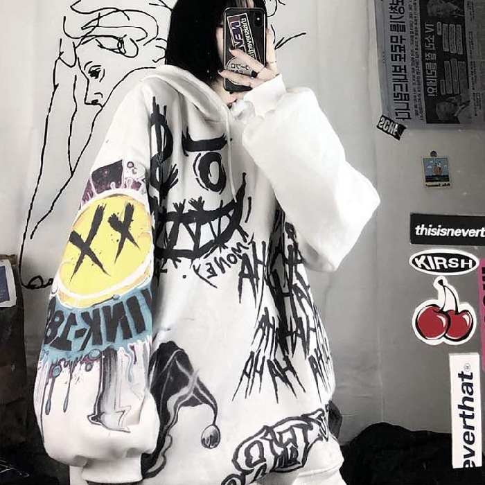Suéter de graffiti transfronterizo europeo y americano engrosado con forro polar Otoño e Invierno Nueva pareja impresa suéter con capucha suelta image 6