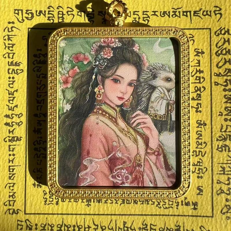 タンカ チベット手描き金塗装粗鉱石絵画コア国民トレンドペンダント九尾キツネ ザキラム ビッグブラックデーツ|undefined