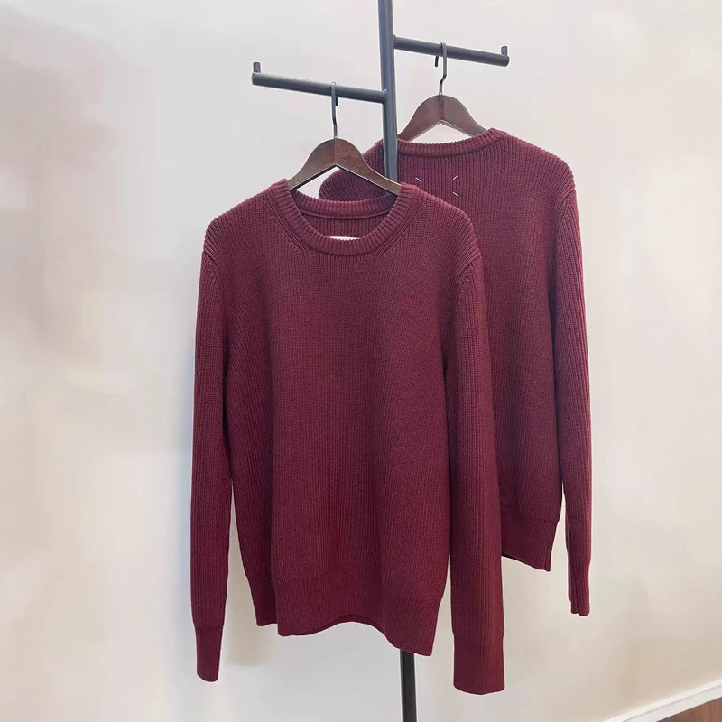 Majia Four Corners 21Aw Wine Red Cotton Knit Sweater Mm6 Unisex Majia Four Corners Solid Color Crew Neck Pullover Sweater