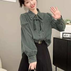 春秋季新款设计感时尚女装衬衫风盘扣复古牛仔衬衫上衣外套