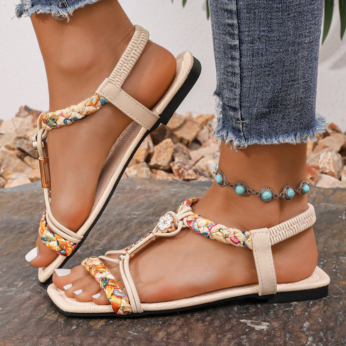 Summer Women Bohemian Embellished Classic Block Heel Slip-On Open-Toe Hole Plus Size Sandals