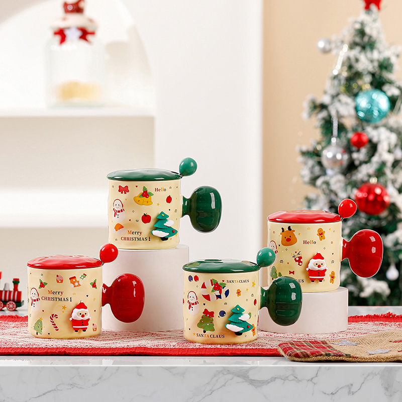 圣诞款早餐杯高颜值可爱情侣杯自带盖带勺办公室精致咖啡陶瓷水杯