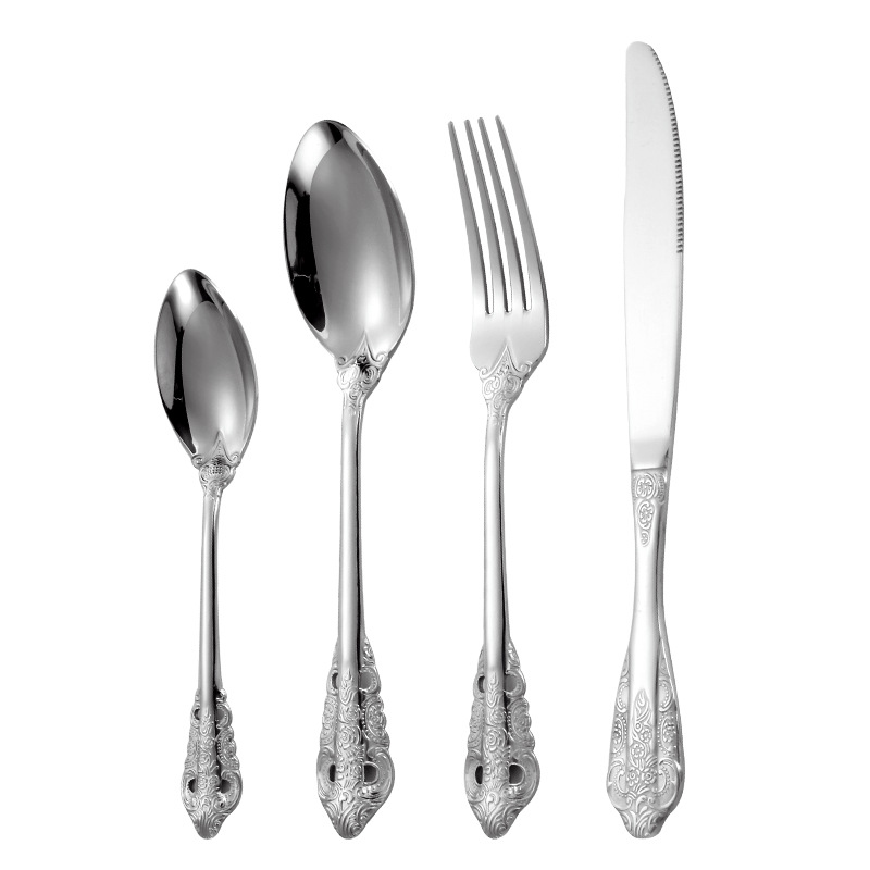 Corte cuchillo de acero inoxidable, tenedor y cuchara europeo retro alivio creativo occidental cuchillo de carne, tenedor y cuchara hotel vajilla traje