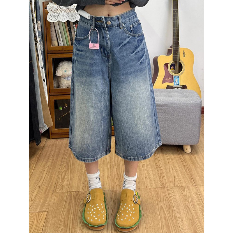 Washed Lightning Pattern Cropped Denim Shorts for Women, New Design, High-Waisted, Loose, Wide-Legged, Slimming Straight Mid-Pants