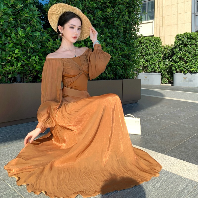 French-Style Glossy Lantern Sleeve Twisted Knot Butterfly One-Shoulder Dress with Draped Long Skirt in Champagne Gold Brown Solid Color