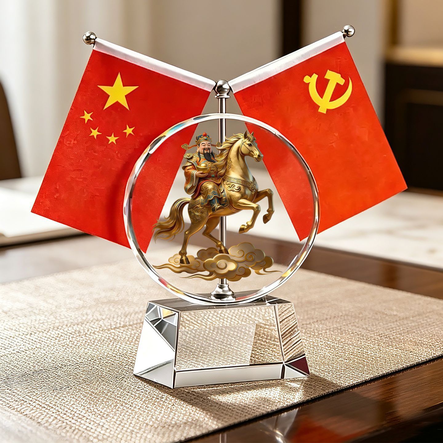 Year of the Horse Five-Star Red Flag Crystal Ornament, Creative High-End Office Desk Decoration, Brings Success, Attracts Wealth, and Protects the Home
