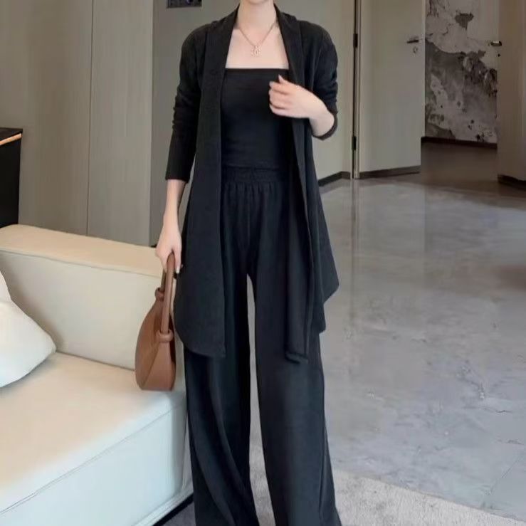 爆款休闲阔腿裤运动套装女春秋季吊带高级时尚开衫新款三件套女装|undefined