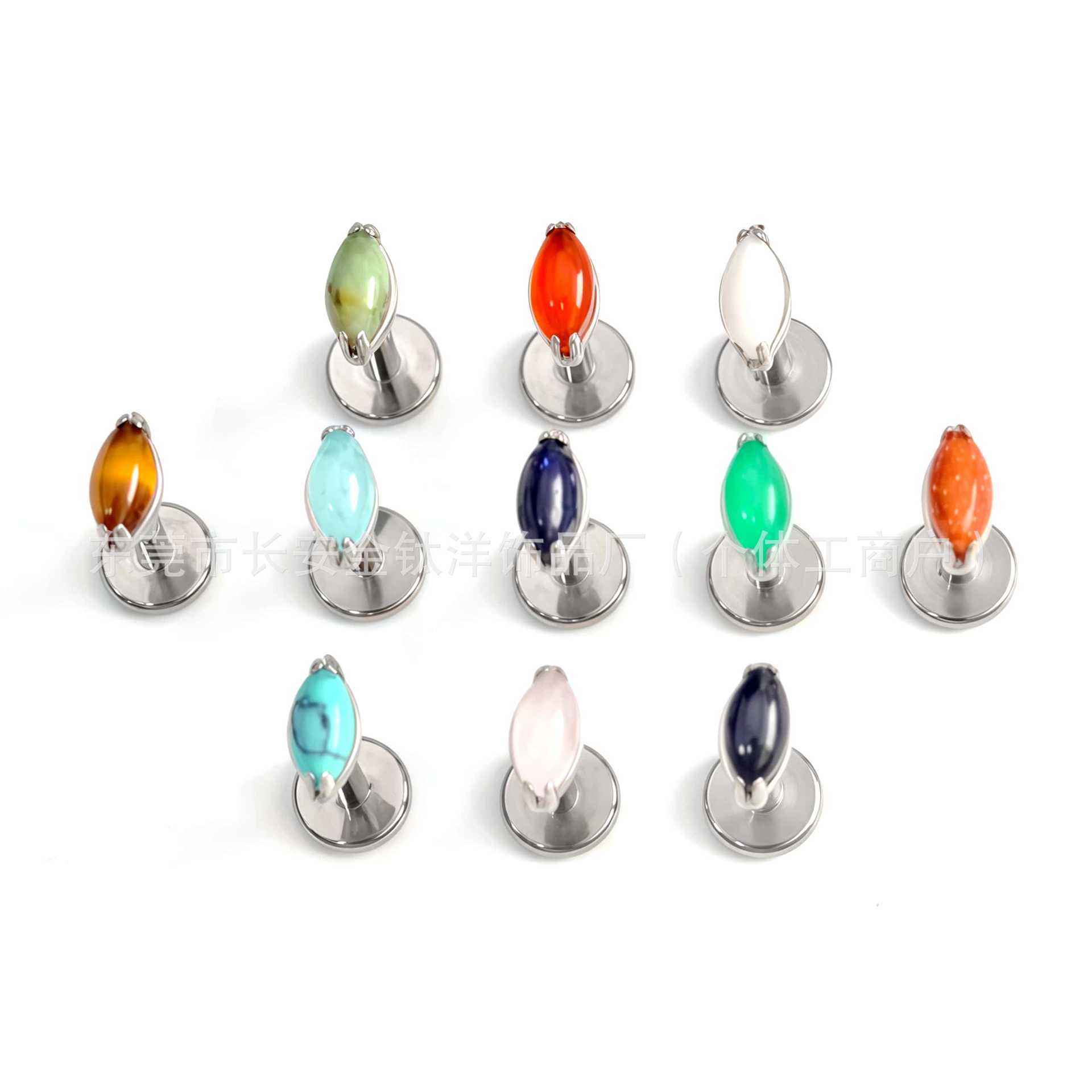 F136 Titanium Marquise Stone-Encrusted Natural Stone Lip Stud, Nose Stud, Ear Stud - G23 Titanium Alloy Body Piercing Jewelry detail image 5