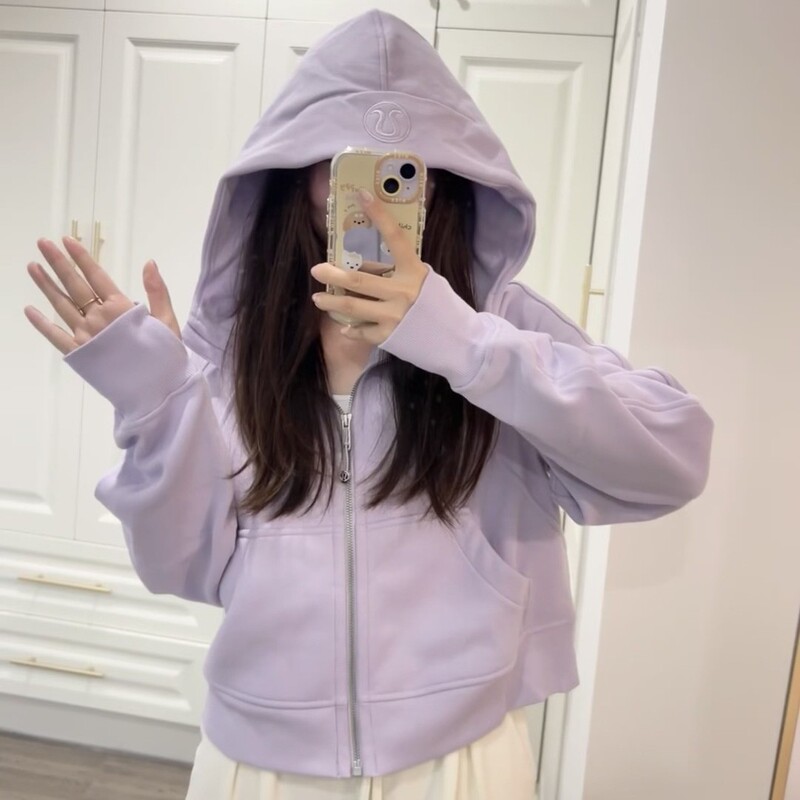 Embroidered LULU Original Scuba Full Zip Hooded Sweater Looser Long Sleeve Casual Sweatshirt with Velvet Jacket