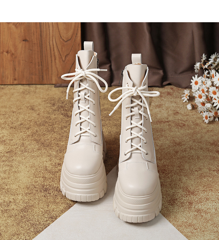 Boot nữ da thật đế dày tăng chiều cao 12 cm dây buộc cổ thấp — Đen lót nhung chi tiết 20