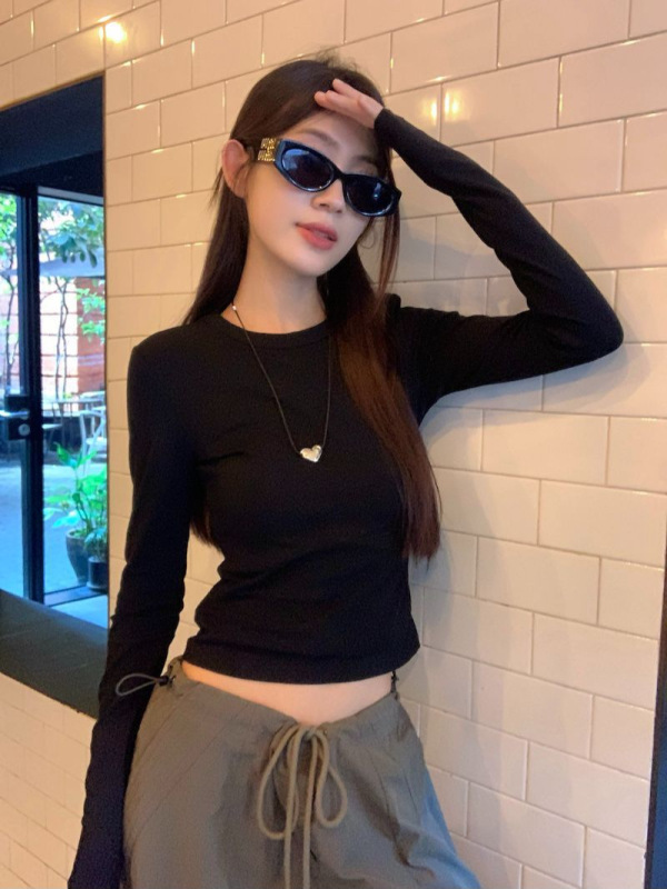 白色打底衫休闲百搭长袖T恤女秋季小众修身显瘦内搭短款灰色上衣|undefined