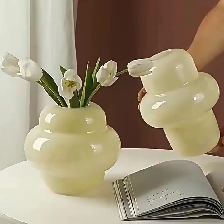 法式中古客廳插花裝飾玻璃花瓶創意輕奢簡約客廳網紅奶油插花器