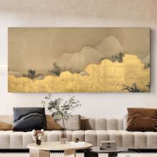 金山日照中古风入户玄关挂画仿金箔客厅装饰画艺术感酒店横版壁画