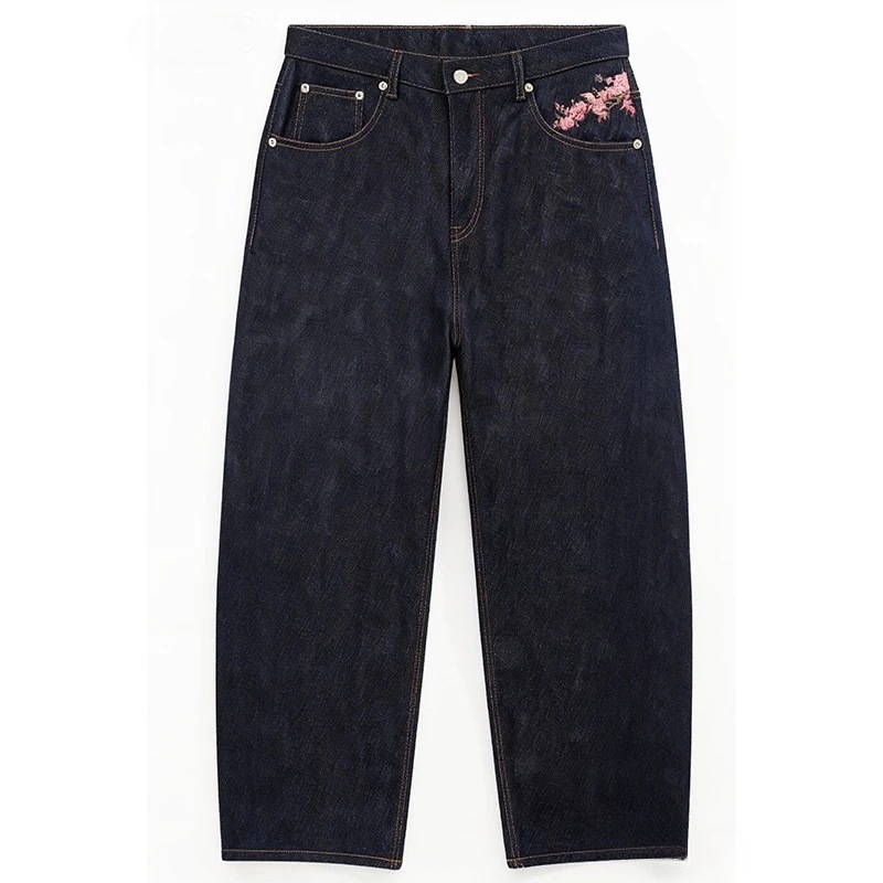Millenial Europa y América cruzando fronteras estilo americano retro estilo de tendencia Jeans Harajuku flores de cerezo bordadas pantalones casuales