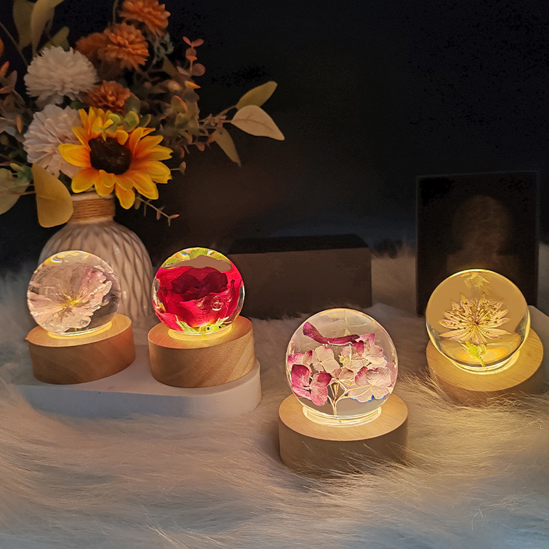 Mid-Autumn Festival Creative Resin Immortal Flowers Crystal Ball Small Table Lamp Touch Control Dimmable Warm Yellow Resin Crafts