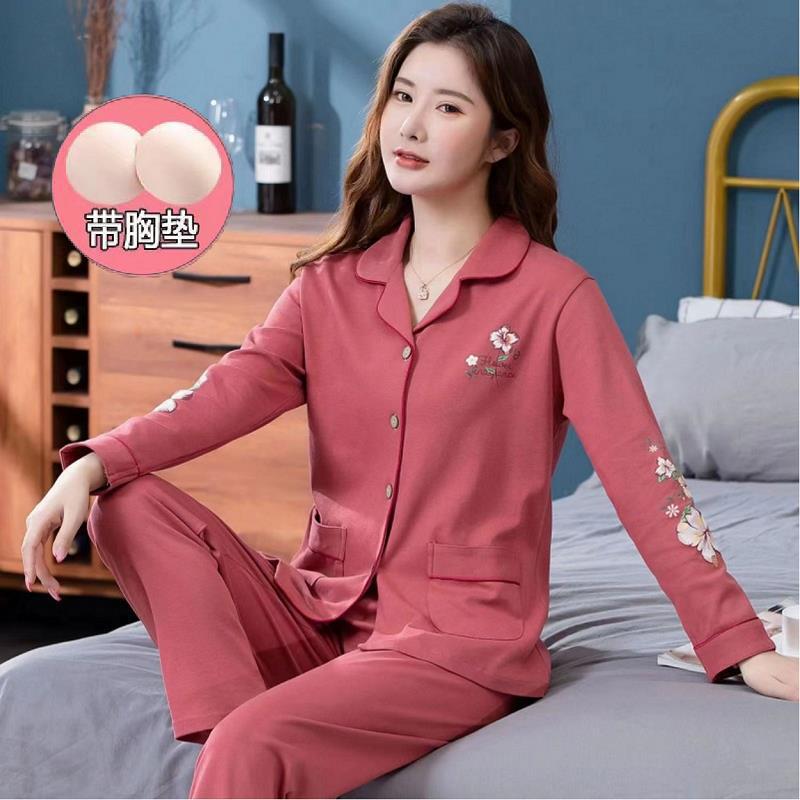 Pijama de Otoño de una pieza para mujer con almohadilla en el pecho nuevos pantalones de manga larga de algodón 100% para primavera y otoño
