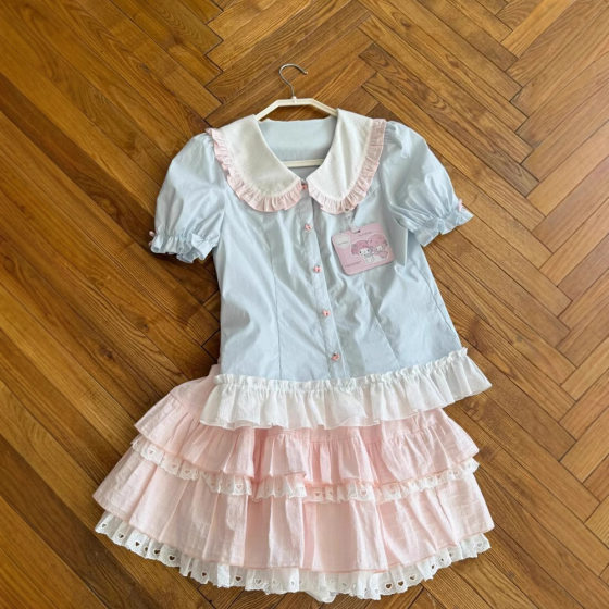 Japanese Sweet Style Flower Cake High Waist Short Skirt with Doll Collar Short Sleeve Shirt