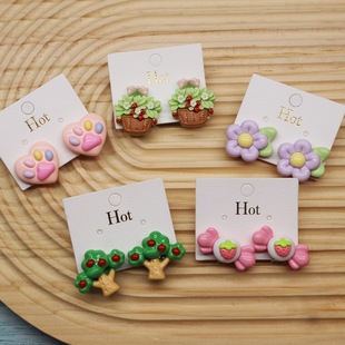 Girls Cute Cartoon No Ear Holes Pain-proof Ear Clips Girls Candy Flowers Apple Tree Resin Fake Earrings Stud Earrings