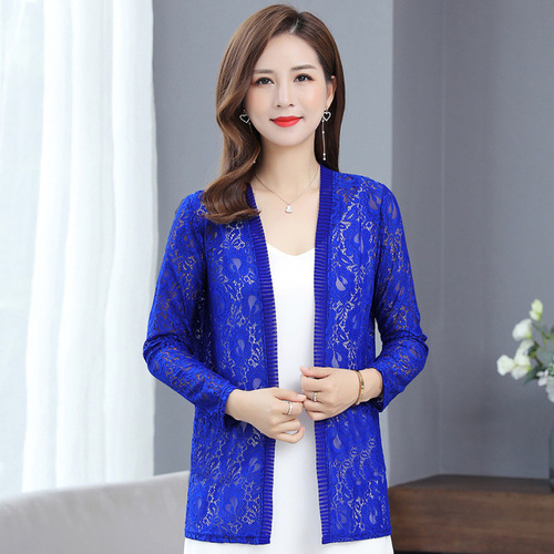 Women's Fashion Spring and Summer Large Size Medium Lace Cardigan Long Sleeve Clothesline Air Conditioning Shirt Thin Top