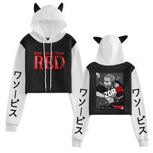 外贸春秋连帽卫衣 海贼王周边欧码跨境热销印花女式露脐拼色猫耳