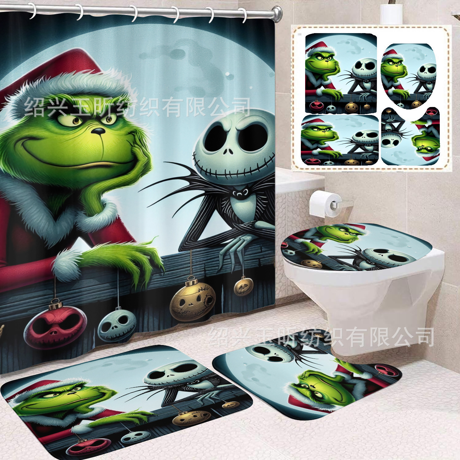 Tela de cortina de ducha transfronteriza, cortina de ducha impermeable, alfombra antideslizante de baño, juego de Grinch 4 de pelo verde al por mayor, sin perforación