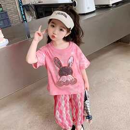 2025新款女宝宝夏装短袖两件套儿童卡通亮片上衣女童夏季运动套装