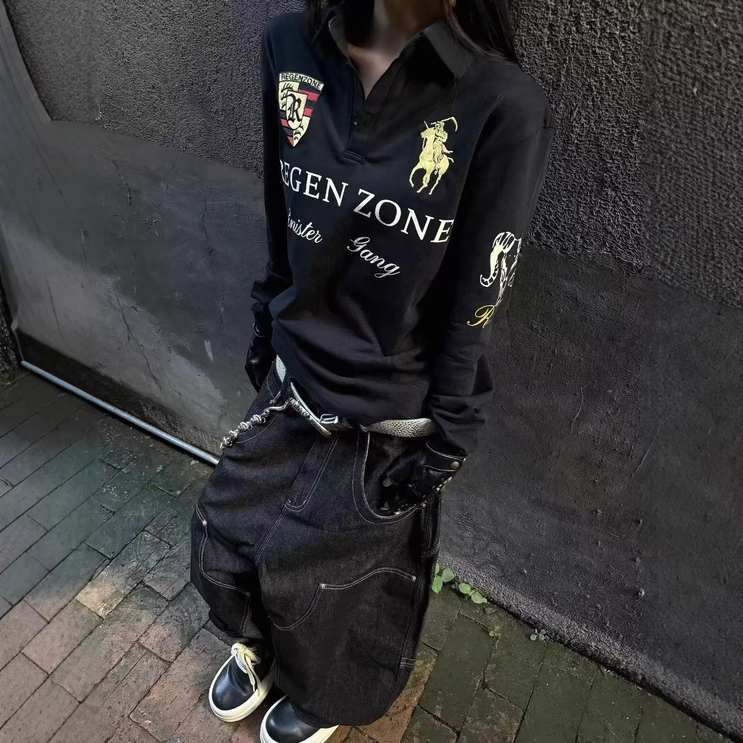 Cross-Border American-Style Streetwear Long-Sleeve Shirt for Men and Women, Spring and Autumn, Gold Embroidery, Loose Punk Subculture Top for Men