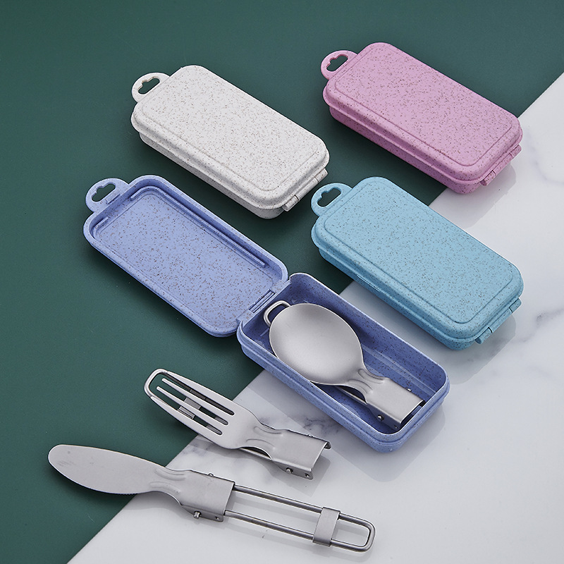 304ステンレス食器チタン浄化折り畳みナイフフォークスプーン屋外キャンプ3点セット収納ボックス付き携帯セット