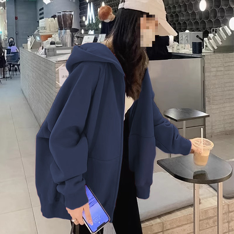 New Shandong Jimo Navy Blue Hooded Sweatshirt Loose Velvet Cardigan Jacket Women's Autumn and Winter New Slimming Look New Shandong Jimo Navy Blue Hooded Sweatshirt Loose Velvet Cardigan Jacket Women's Autumn and Winter New Slimming Look