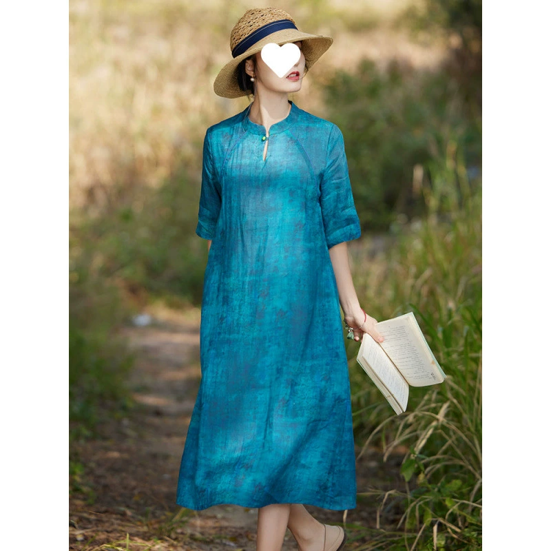 Новое высококачественное летнее легкое и художественное ретро-платье средней длины в китайском стиле с свободной талией, утягивающее слегка полный живот