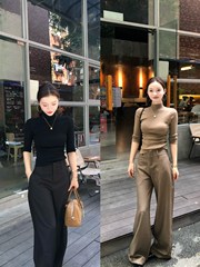 2025新款气质套装显瘦高领中袖针织衫女秋季宽松垂感阔腿裤两件套