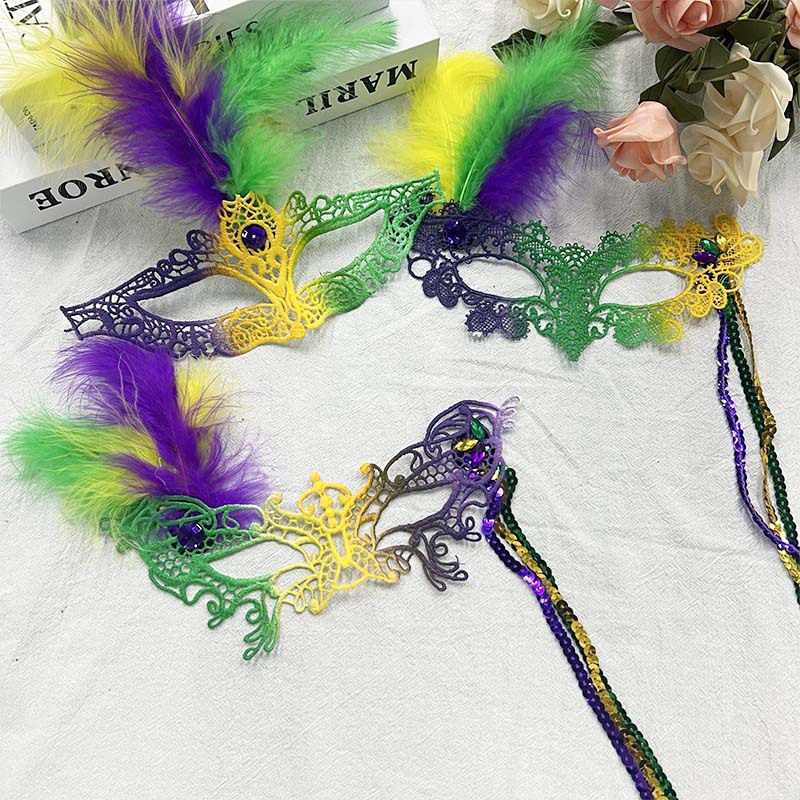 Nueva máscara de carnaval tricolor plumas máscara de diamante tricolor flores laterales máscara de brida media cara baile