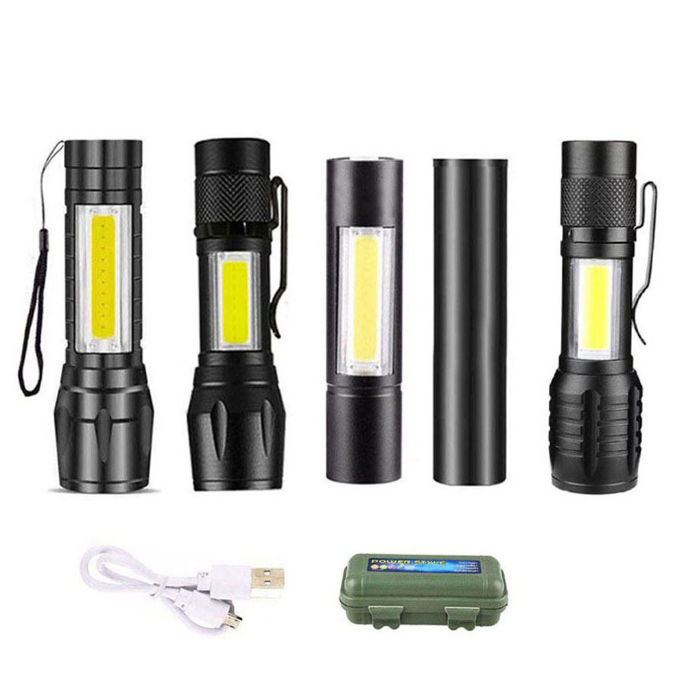 跨境COB强光手电筒铝合金USB充电led迷你伸缩变焦511礼品logo塑料