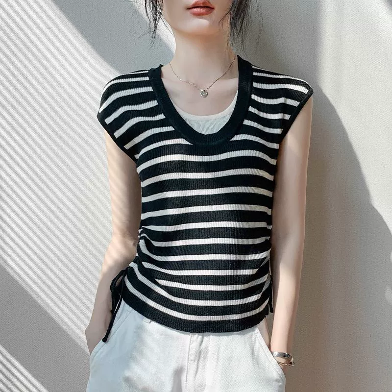 Полосатая трикотажная футболка без рукавов, летний короткий топ из ледяного шелка с завязками для похудения