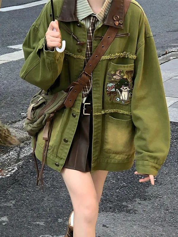 秋季复古童趣刺绣牛油果绿拼接牛仔外套女设计感小众做旧风夹克潮|undefined