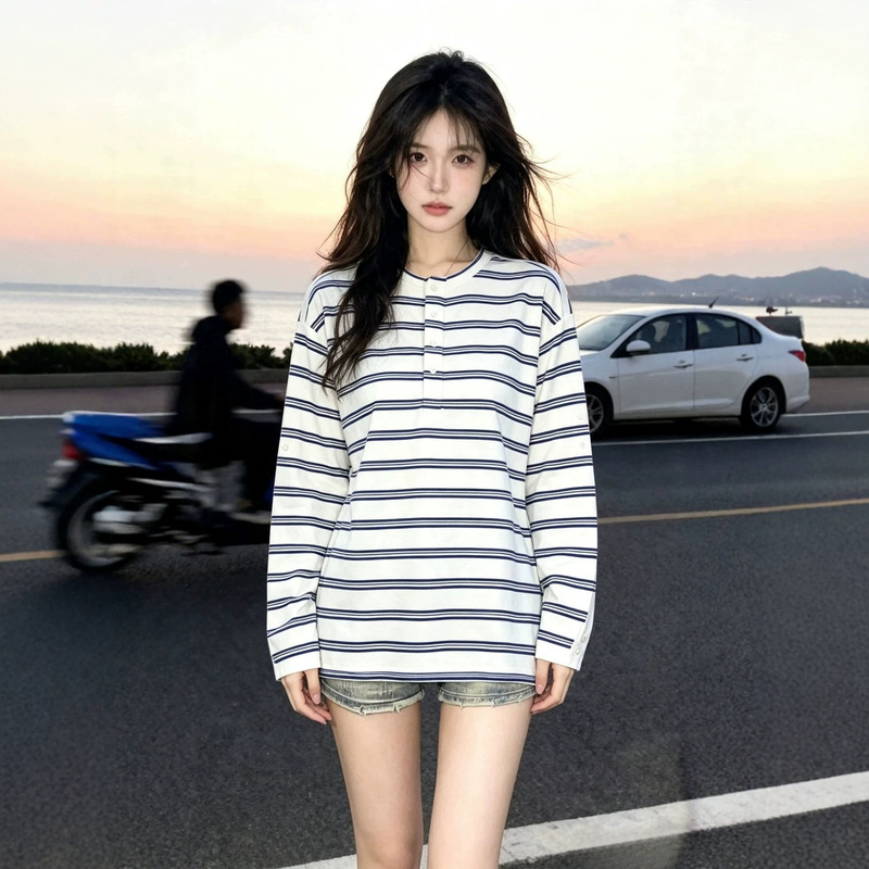 Spring and Autumn Trendy Striped Round Neck Long Sleeve T-Shirt 2026 Loose Basic Versatile Top for Men and Women