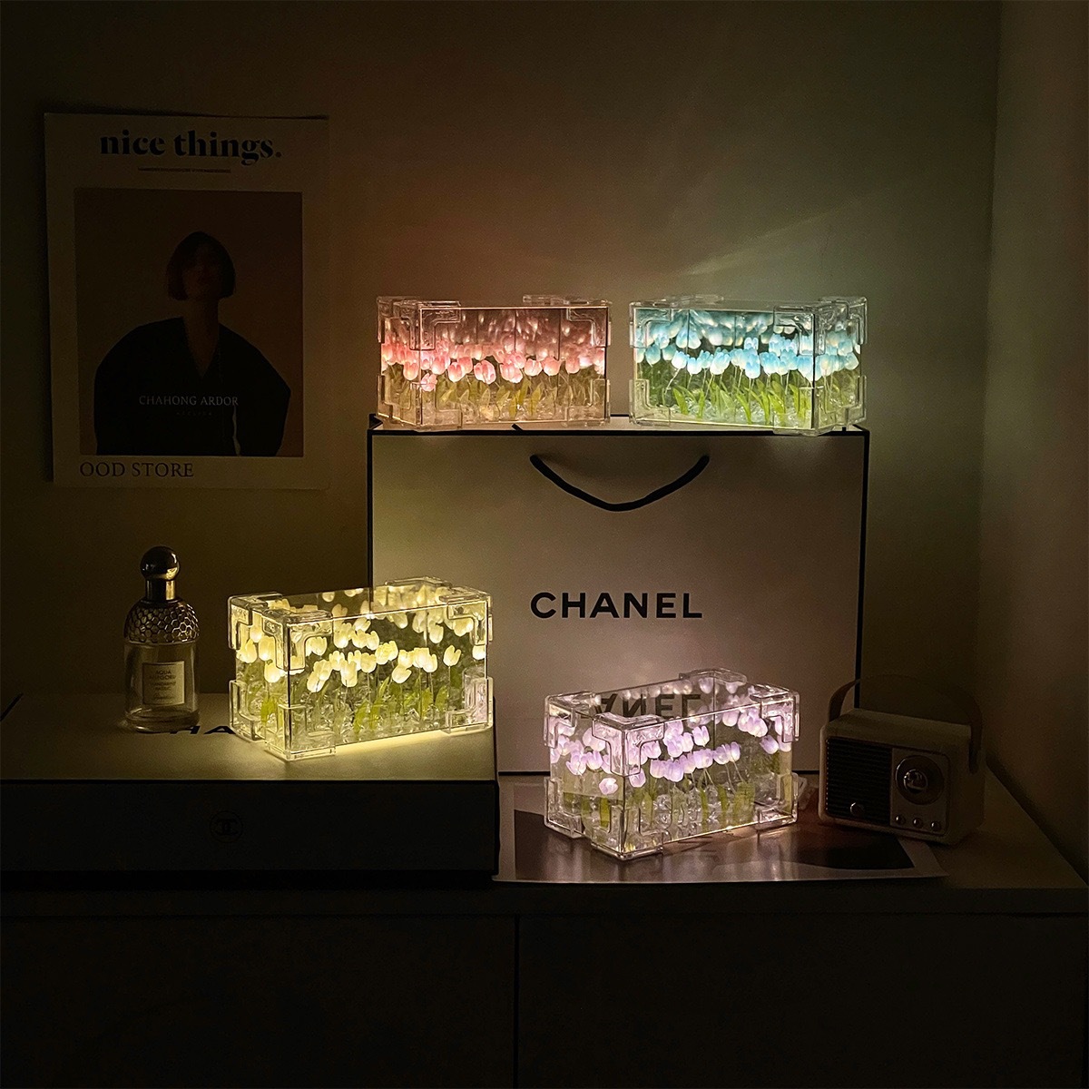 Cubo rectangular de tulipas tridimensionales lámpara nocturna DIY material paquete de chicas regalos amantes amigos creativos