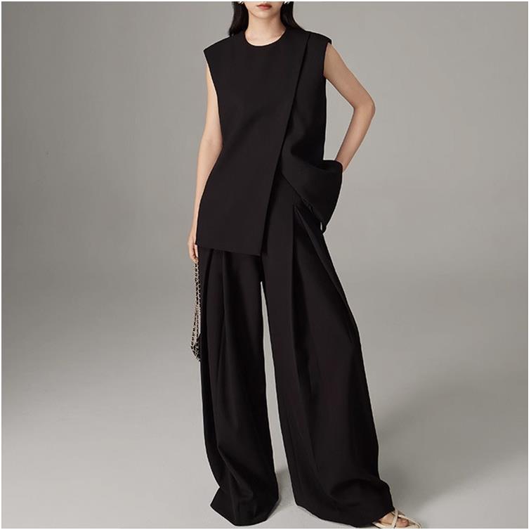 GraceChic Cross-Border Strong Twist Fabric Three-Dimensional Cutting Irregular Silhouette Draped Double Pleat Slimming Suit Vest_voghion.com