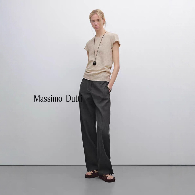 Summer New Style Masimo Duti Women's Casual Simple Solid Color Round Neck Ruffled Short-Sleeve Knit T-Shirt Top Summer New Style Masimo Duti Women's Casual Simple Solid Color Round Neck Ruffled Short-Sleeve Knit T-Shirt Top