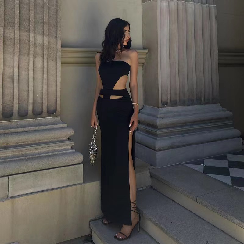 Fashion Sexy Strapless Hollow Out Cutout High Slit Bodycon Evening Dresses For Women_ecoleips.com